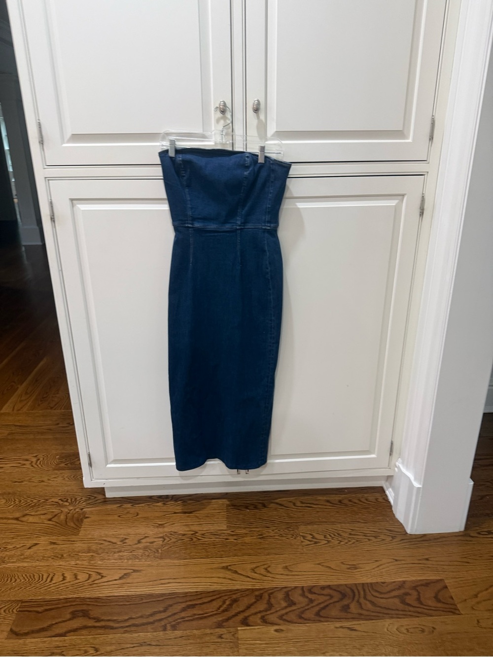 Reformation Strapless Denim Midi Dress in Dark Blue